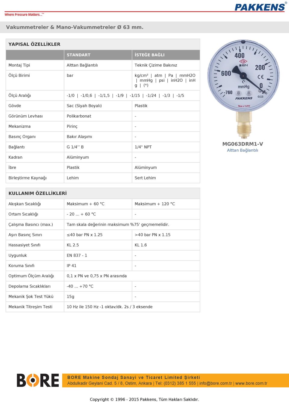 (Siyah Boyalı) Plastik Görünüm Levhası Polikarbonat - Mekanizma Pirinç - Basınç Organı Bakır Alaşımı - Bağlantı G 1/4 B 1/4" NPT MG063DRM1-V Kadran Alüminyum - İbre Plastik Alüminyum Birleştirme