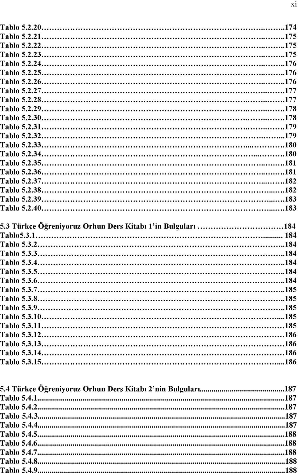 ...183 Tablo 5.2.40....183 5.3 Türkçe Öğreniyoruz Orhun Ders Kitabı 1 in Bulguları 184 Tablo5.3.1... 184 Tablo 5.3.2..184 Tablo 5.3.3..184 Tablo 5.3.4..184 Tablo 5.3.5..184 Tablo 5.3.6..184 Tablo 5.3.7.