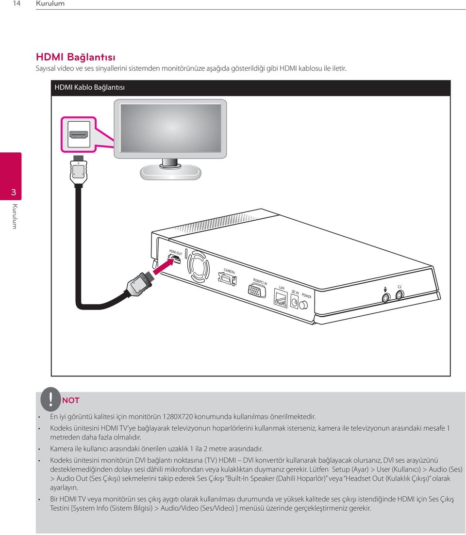 Kodeks ünitesini HDMI TV ye bağlayarak televizyonun hoparlörlerini kullanmak isterseniz, kamera ile televizyonun arasındaki mesafe 1 metreden daha fazla olmalıdır.