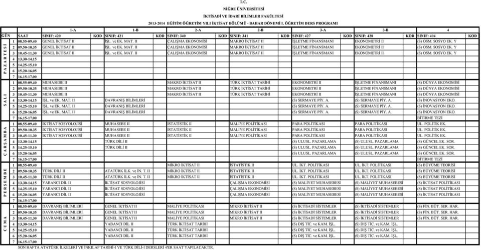 II ÇALIŞMA EKONOMİSİ MAKRO İKTİSAT II İŞLETME FİNANSMANI EKONOMETRİ II (S) OSM. SOSYO EK. Y 2 09.50-10.35 GENEL İKTİSAT II İŞL. ve EK. MAT.