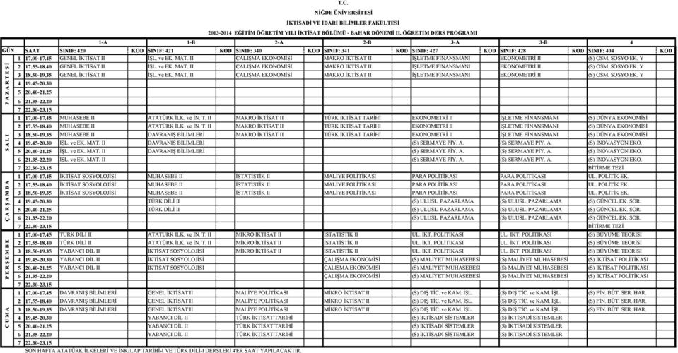 II ÇALIŞMA EKONOMİSİ MAKRO İKTİSAT II İŞLETME FİNANSMANI EKONOMETRİ II (S) OSM. SOSYO EK. Y 2 17.55-18.0 GENEL İKTİSAT II İŞL. ve EK. MAT.