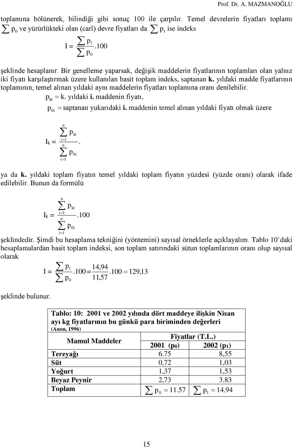 yıldaki madde fiyatlarıı tolamıı, temel alıa yıldaki ayı maddeleri fiyatları tolamıa oraı deilebilir. ki k. yıldaki i. maddei fiyatı, i sataa yukarıdaki i.