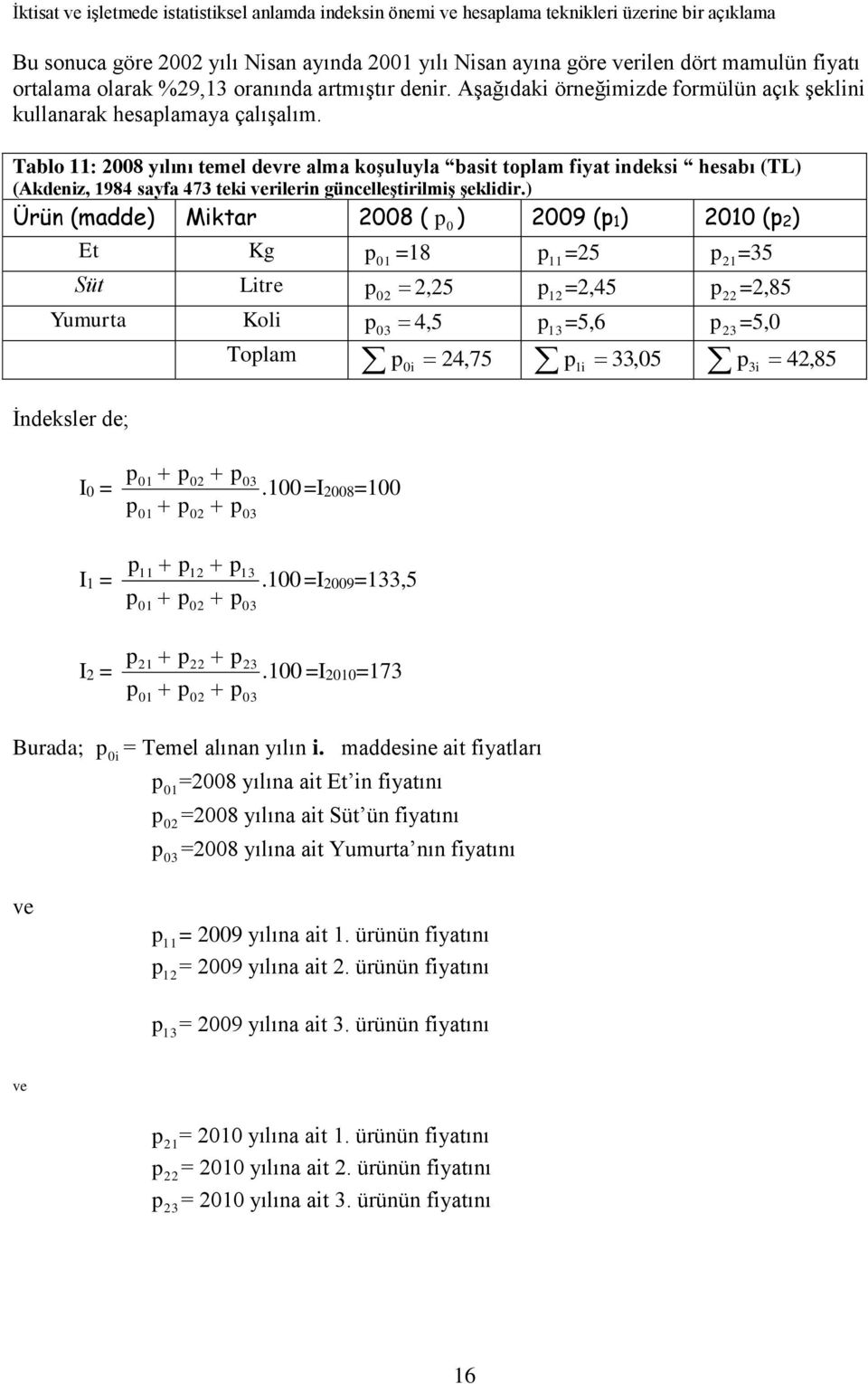 Tablo 11: 28 yılıı temel devre alma koşuluyla basit tolam fiyat ideksi hesabı (TL) (Akdeiz, 1984 sayfa 473 teki verileri gücelleştirilmiş şeklidir.