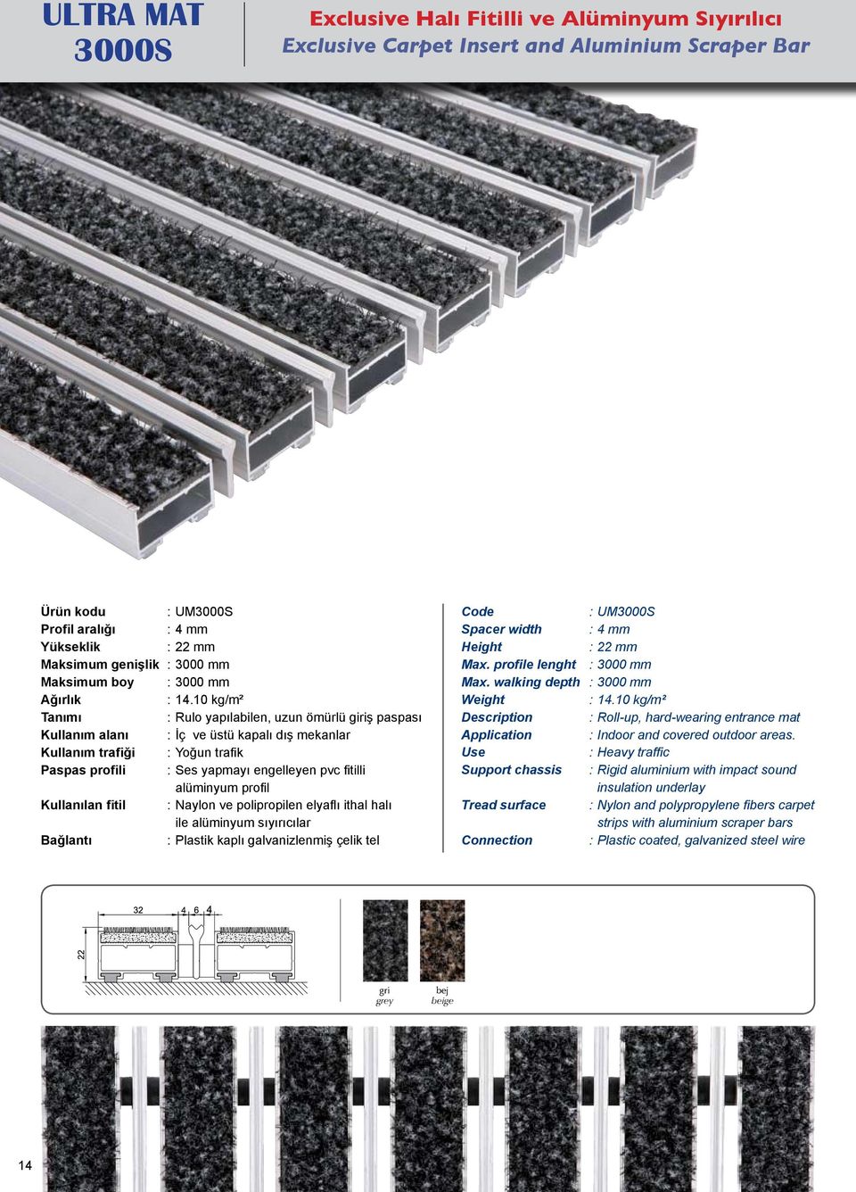 Plastik kaplı galvanizlenmiş çelik tel : UM3000S Spacer width : 4 mm Max. profile lenght : 3000 mm Max. walking depth : 3000 mm : 14.