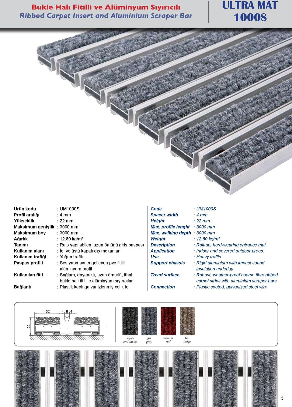 sıyırıcılar : Plastik kaplı galvanizlenmiş çelik tel : UM1000S Spacer width : 4 mm Max. profile lenght : 3000 mm Max. walking depth : 3000 mm : 12.