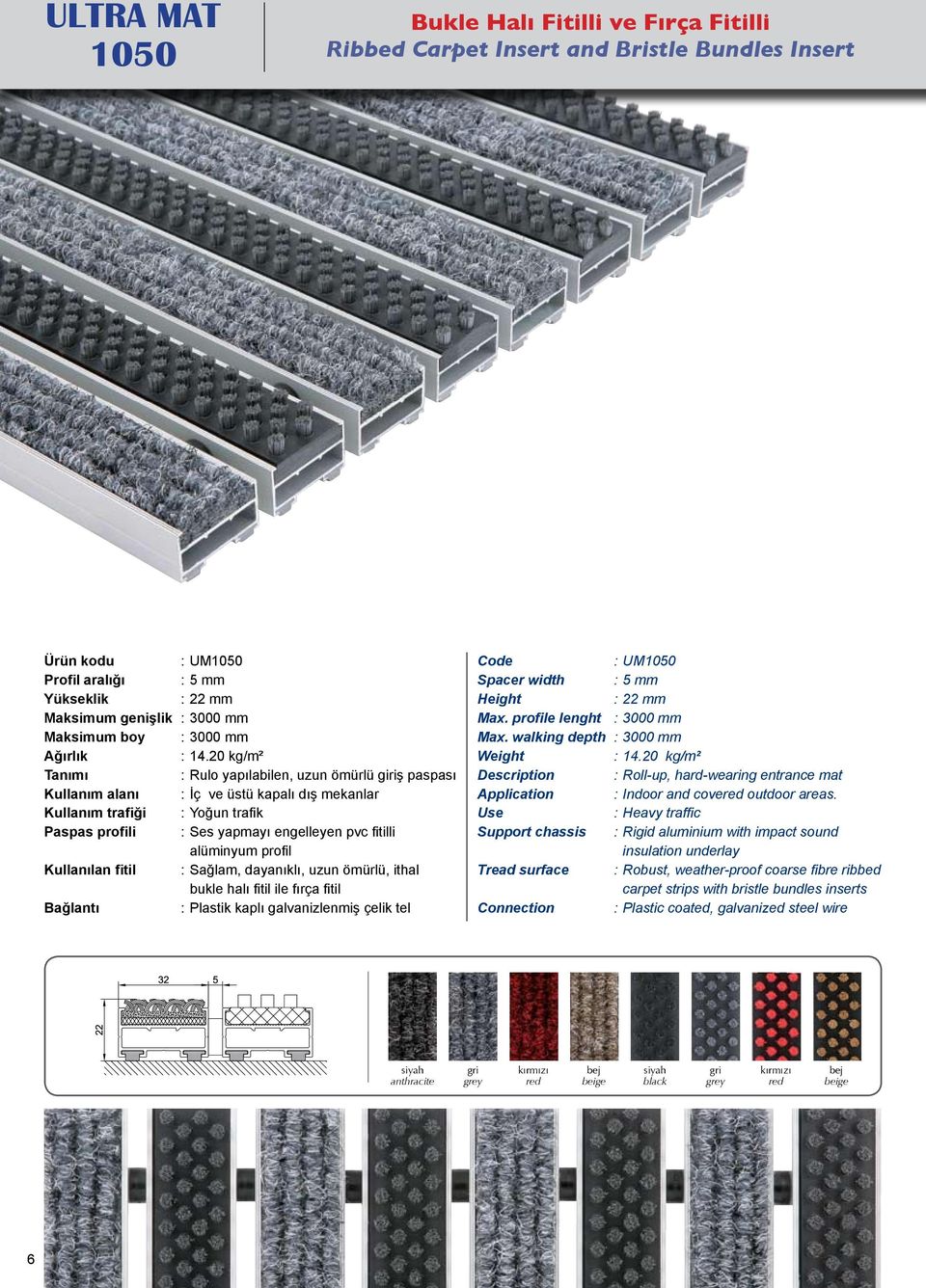 : Plastik kaplı galvanizlenmiş çelik tel : UM1050 Spacer width : 5 mm Max. profile lenght : 3000 mm Max. walking depth : 3000 mm : 14.