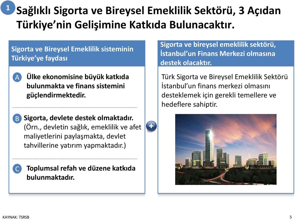 A B Ülke ekonomisine büyük katkıda bulunmakta ve finans sistemini güçlendirmektedir. Sigorta, devlete destek olmaktadır. (Örn.