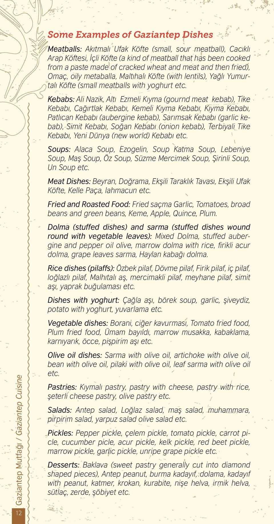 Kebabs: Ali Nazik, Altı Ezmeli Kıyma (gournd meat kebab), Tike Kebabı, Cağırtlak Kebabı, Kemeli Kıyma Kebabı, Kıyma Kebabı, Patlıcan Kebabı (aubergine kebab), Sarımsak Kebabı (garlic kebab), Simit