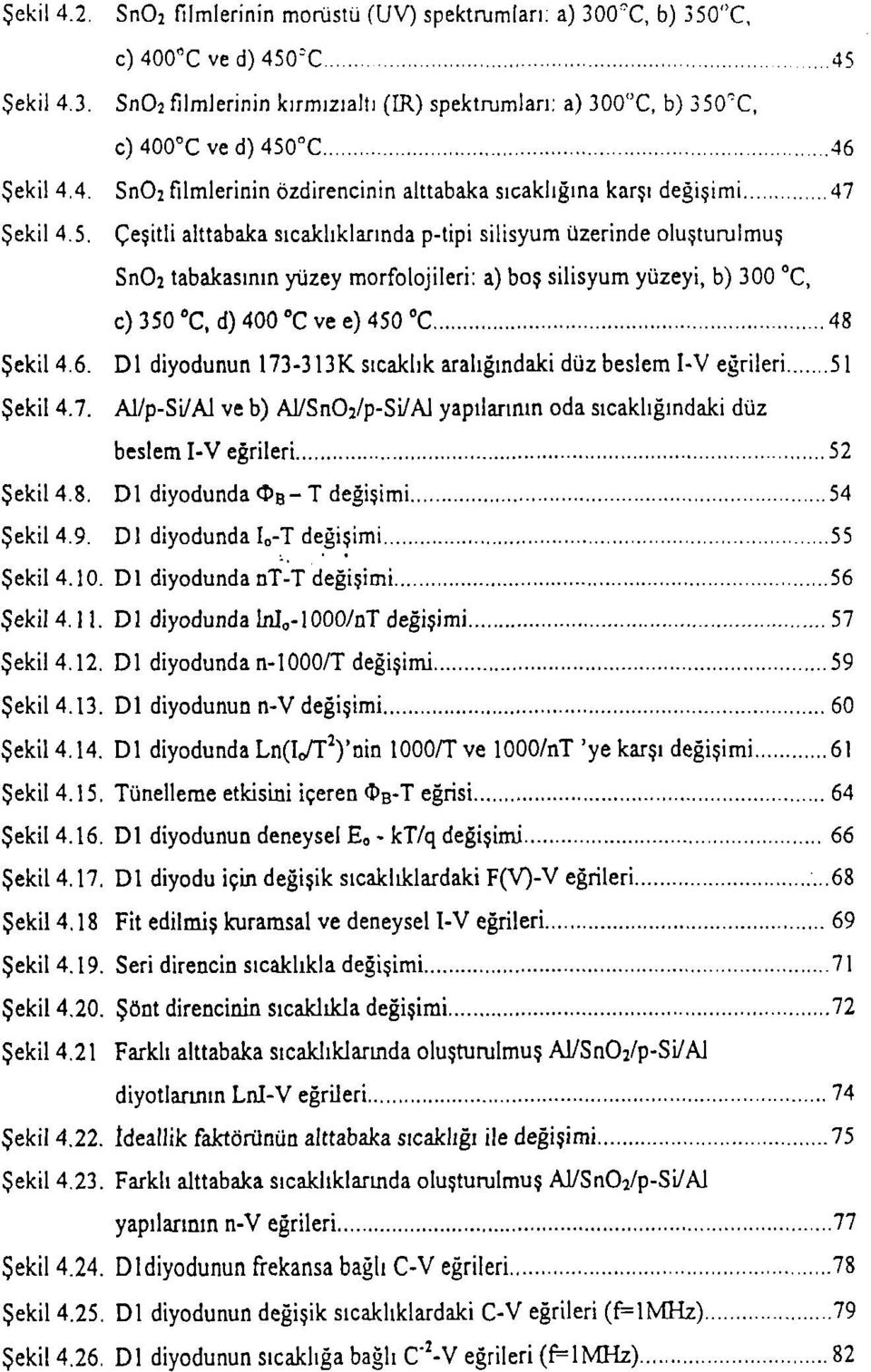 Çeşitli alttabaka sıcaklıklarında p-tipi silisyum üzerinde oluşturulmuş SnOî tabakasının yüzey morfolojileri: a) boş silisyum yüzeyi, b) 300 C, c) 350 "C, d) 400 C ve e) 450 C 48 Şekil 4.6.