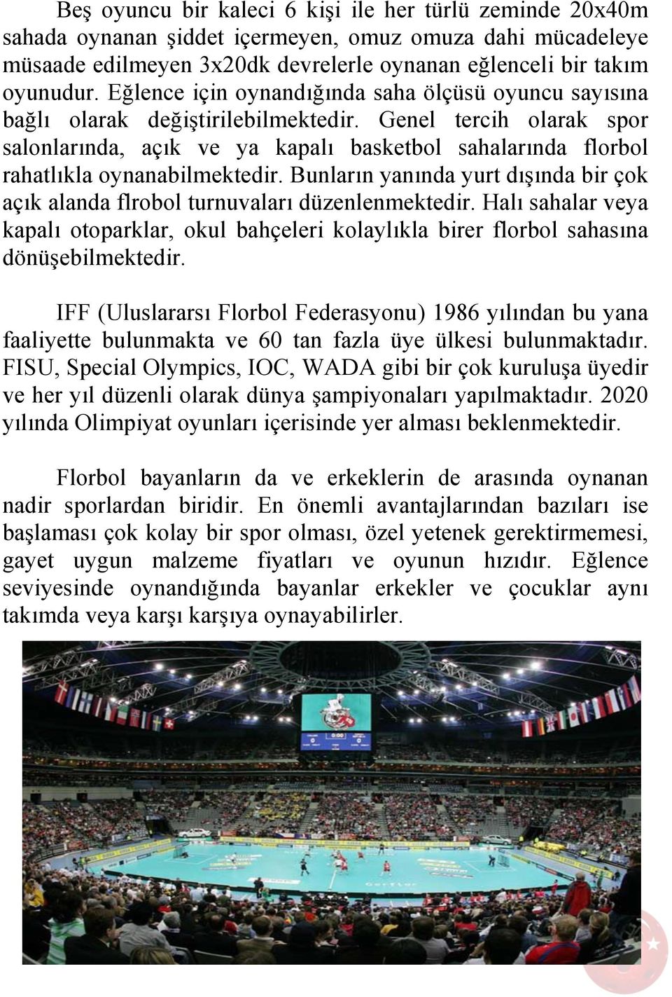 Genel tercih olarak spor salonlarında, açık ve ya kapalı basketbol sahalarında florbol rahatlıkla oynanabilmektedir.