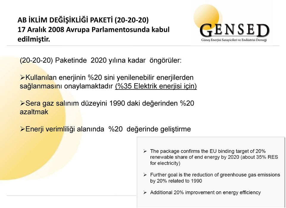 (20-20-20) Paketinde 2020 yılına kadar öngörüler: Kullanılan enerjinin %20 sini