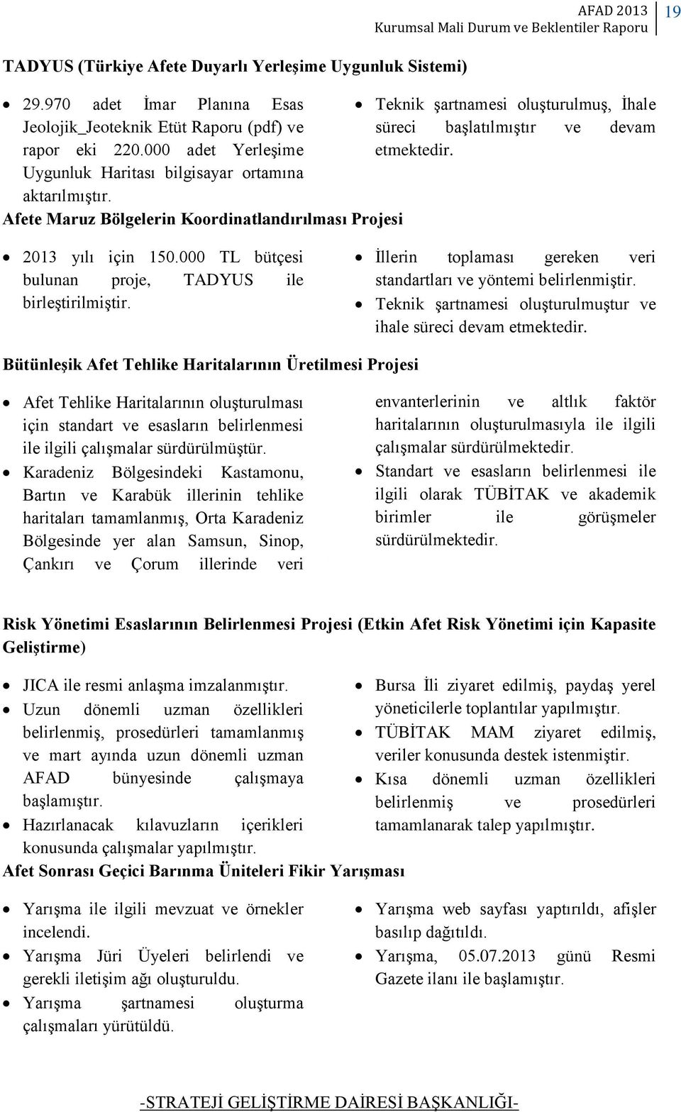 Afete Maruz Bölgelerin Koordinatlandırılması Projesi Teknik şartnamesi oluşturulmuş, İhale süreci başlatılmıştır ve devam etmektedir. 2013 yılı için 150.