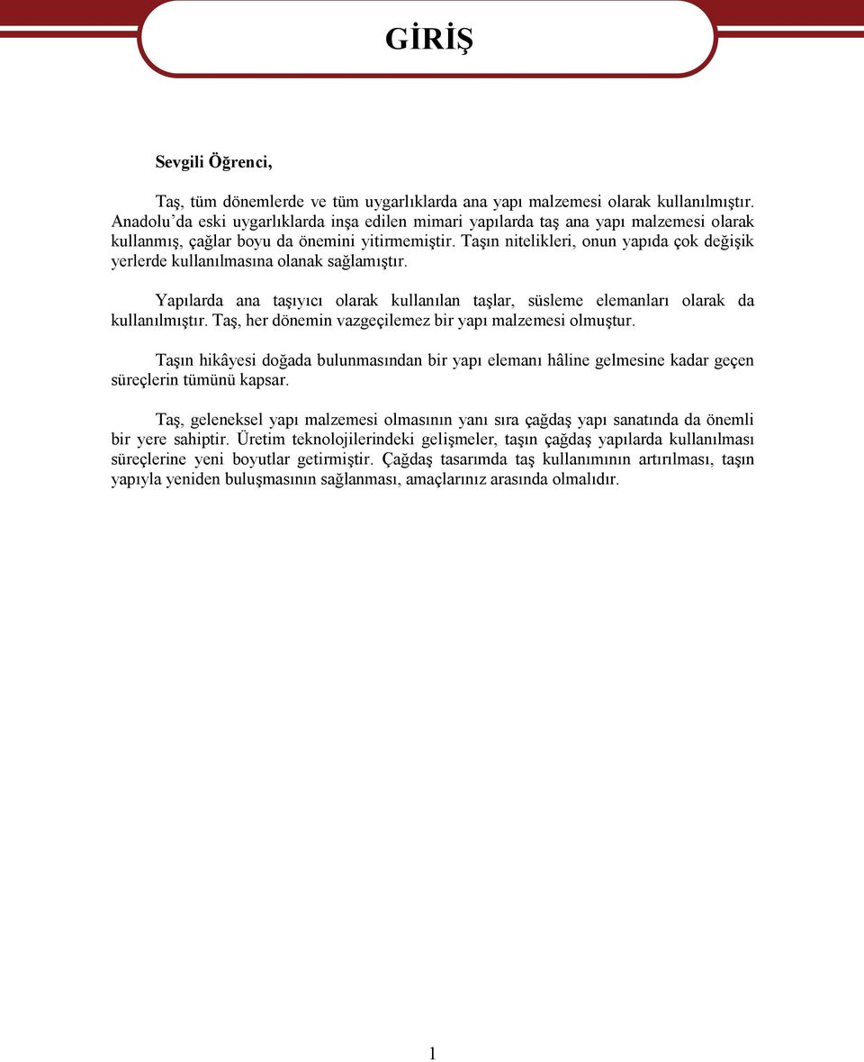 Taşın nitelikleri, onun yapıda çok değişik yerlerde kullanılmasına olanak sağlamıştır. Yapılarda ana taşıyıcı olarak kullanılan taşlar, süsleme elemanları olarak da kullanılmıştır.