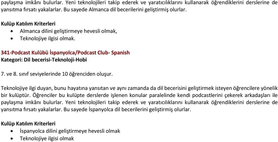 341-Podcast Kulübü İspanyolca/Podcast Club- Spanish Kategori: Dil becerisi-teknoloji-hobi 7. ve 8. sınıf seviyelerinde 10 öğrenciden oluşur.