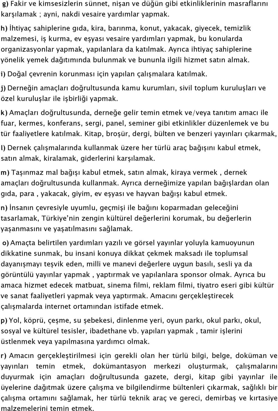 Ayrıca ihtiyaç sahiplerine yönelik yemek dağıtımında bulunmak ve bununla ilgili hizmet satın almak. i) Doğal çevrenin korunması için yapılan çalışmalara katılmak.