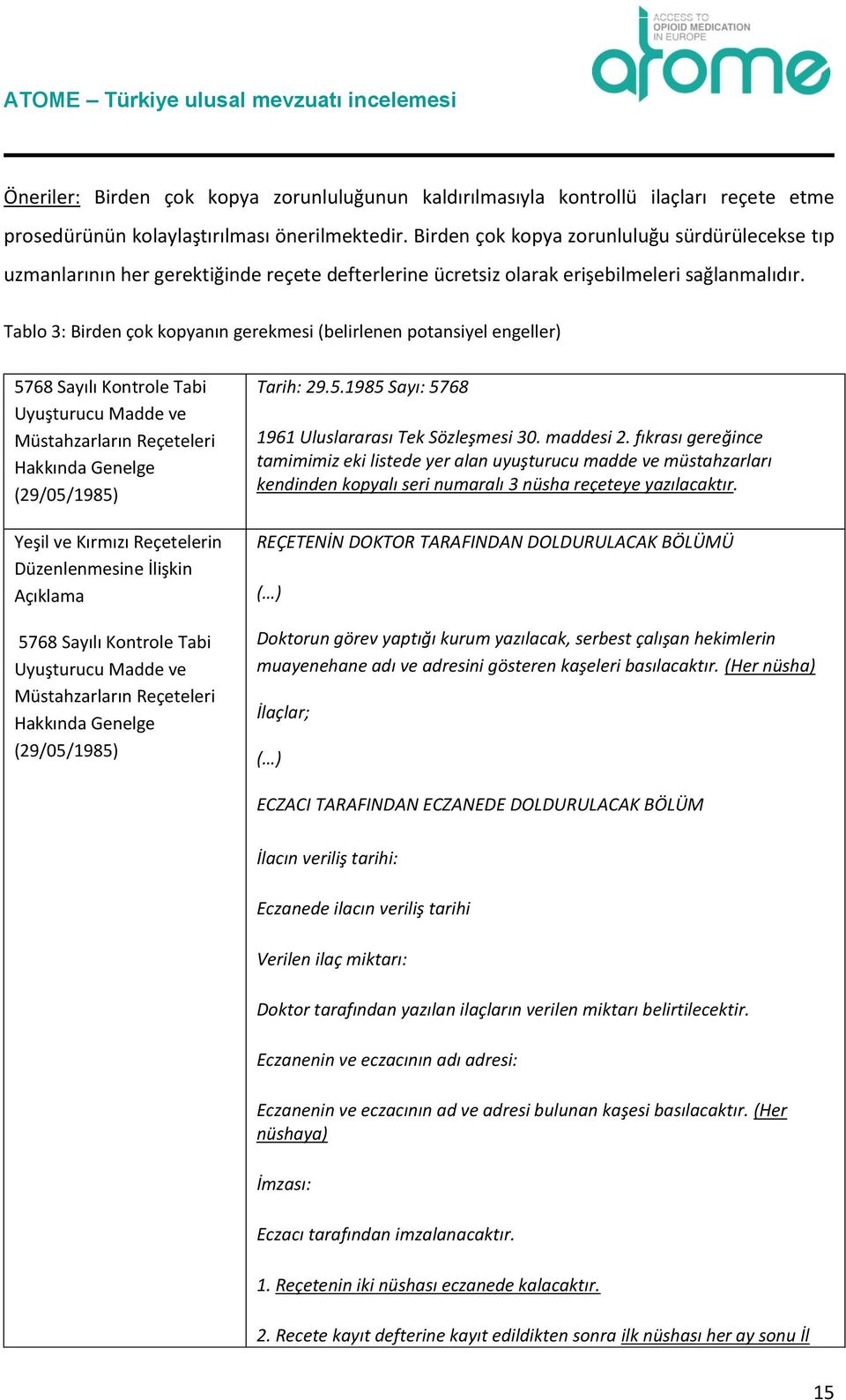 Tablo 3: Birden çok kopyanın gerekmesi (belirlenen potansiyel engeller) 5768 Sayılı Kontrole Tabi Uyuşturucu Madde ve Müstahzarların Reçeteleri Hakkında Genelge (29/05/1985) Yeşil ve Kırmızı