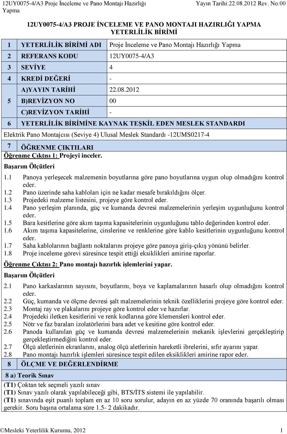 2012 5 B)REVİZYON NO 00 C)REVİZYON TARİHİ - 6 YETERLİLİK BİRİMİNE KAYNAK TEŞKİL EDEN MESLEK STANDARDI Elektrik Pano Montajcısı (Seviye 4) Ulusal Meslek Standardı -12UMS0217-4 7 ÖĞRENME ÇIKTILARI