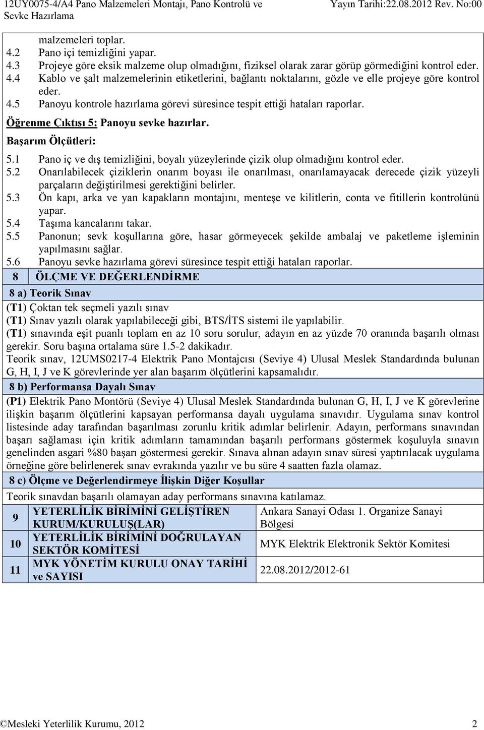 Öğrenme Çıktısı 5: Panoyu sevke hazırlar. 5.1 Pano iç ve dış temizliğini, boyalı yüzeylerinde çizik olup olmadığını kontrol eder. 5.2 Onarılabilecek çiziklerin onarım boyası ile onarılması, onarılamayacak derecede çizik yüzeyli parçaların değiştirilmesi gerektiğini belirler.