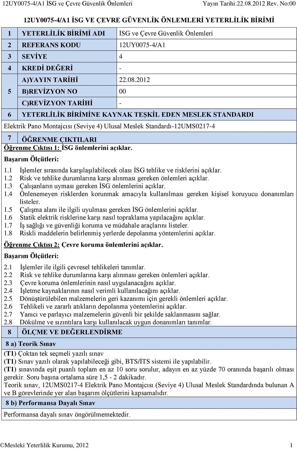 2012 5 B)REVİZYON NO 00 C)REVİZYON TARİHİ - 6 YETERLİLİK BİRİMİNE KAYNAK TEŞKİL EDEN MESLEK STANDARDI Elektrik Pano Montajcısı (Seviye 4) Ulusal Meslek Standardı-12UMS0217-4 7 ÖĞRENME ÇIKTILARI