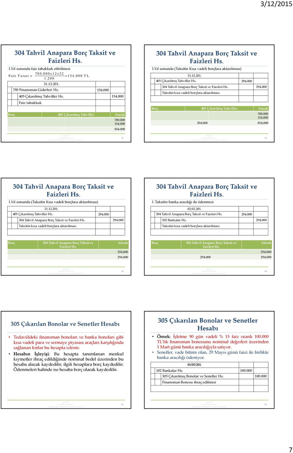 405 Çıkarılmış Tahviller Hs. 294.000 294.000 Taksitin kısa vadeli borçlara aktarılması Borç 405 Çıkarılmış Tahviller Alacak 700.000 154.000 294.000 854.000 37 38 I.