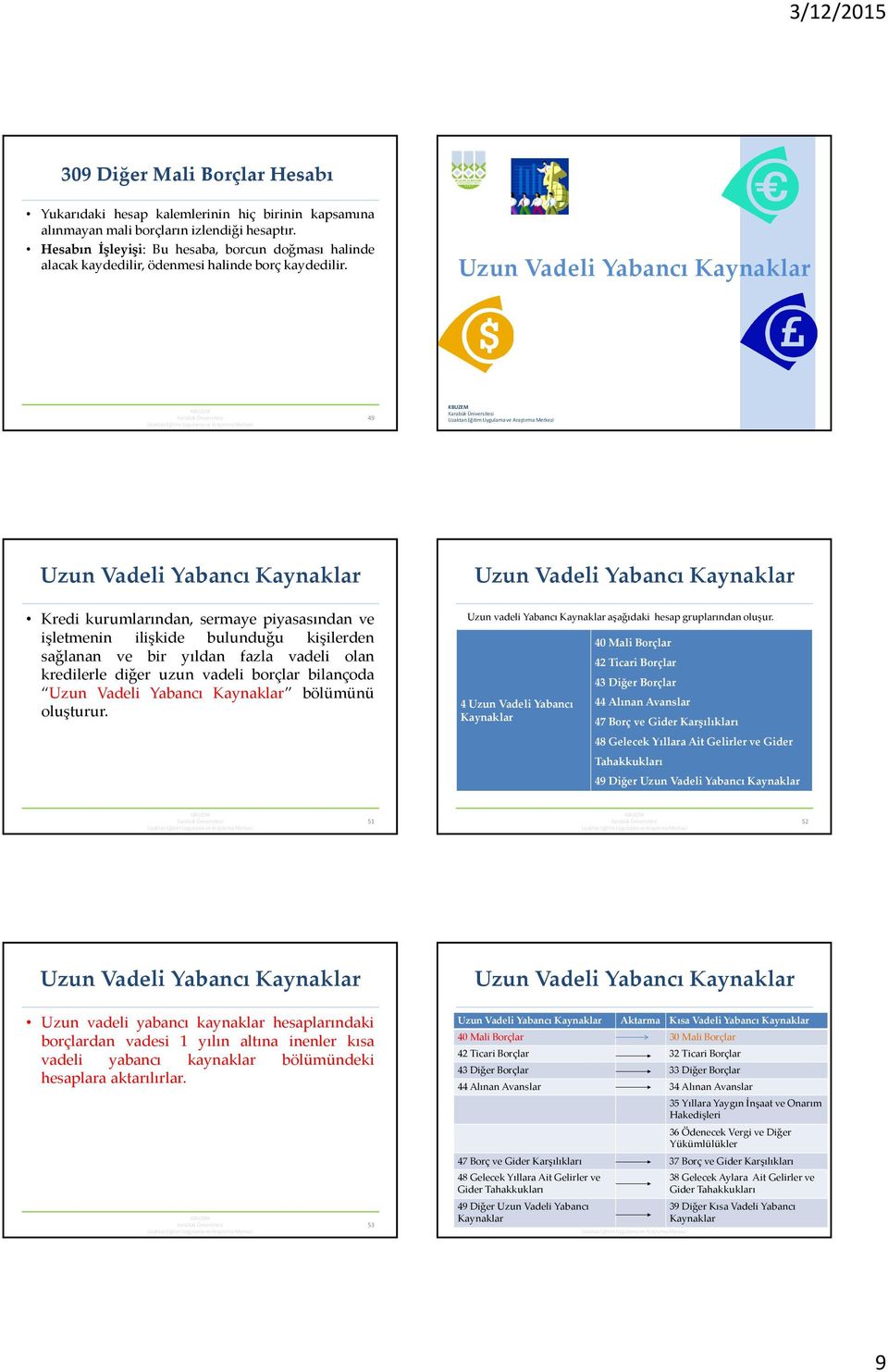 49 Kredi kurumlarından, sermaye piyasasından ve işletmenin ilişkide bulunduğu kişilerden sağlanan ve bir yıldan fazla vadeli olan kredilerle diğer uzun vadeli borçlar bilançoda bölümünü oluşturur.