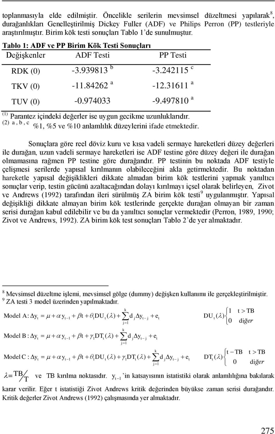 974033-9.497810 a (1) Paranez içindeki değerler ise uygun gecikme uzunluklarıdır. (2) a, b, c %1, %5 ve %10 anlamlılık düzeylerini ifade emekedir.