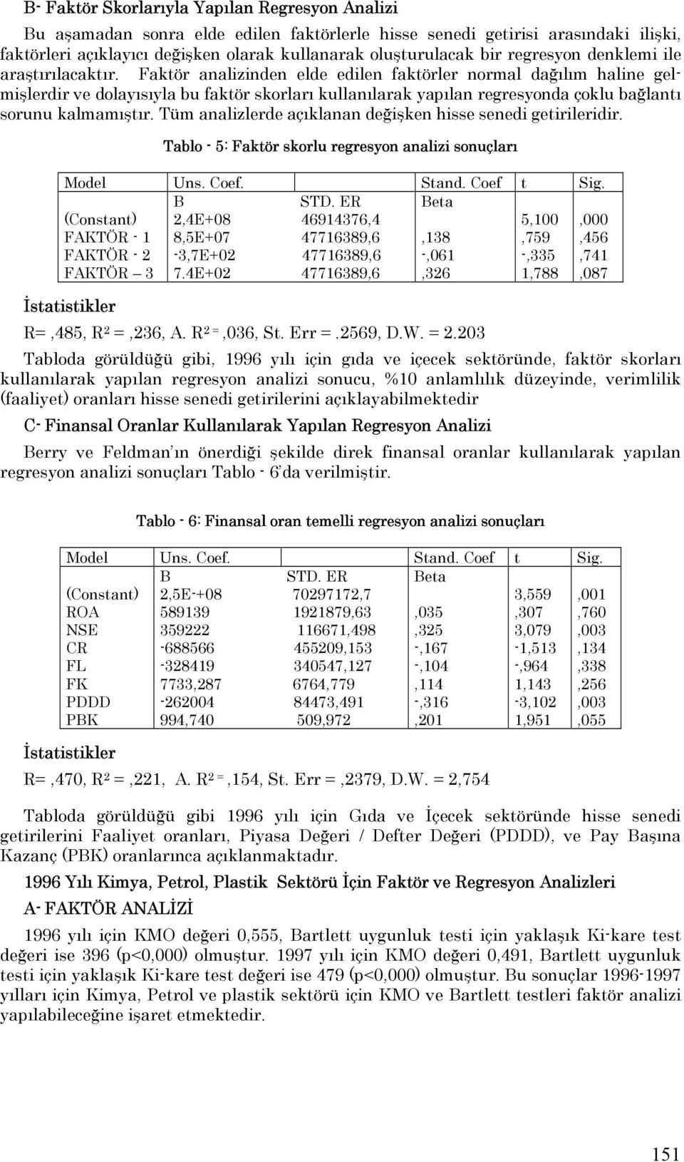 Faktör analizinden elde edilen faktörler normal dağılım haline gelmişlerdir ve dolayısıyla bu faktör skorları kullanılarak yapılan regresyonda çoklu bağlantı sorunu kalmamıştır.