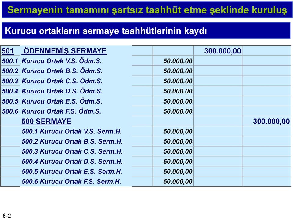 S. Ödm.S. 50.000,00 500 SERMAYE 300.000,00 500.1 Kurucu Ortak V.S. Serm.H. 50.000,00 500.2 Kurucu Ortak B.S. Serm.H. 50.000,00 500.3 Kurucu Ortak C.S. Serm.H. 50.000,00 500.4 Kurucu Ortak D.