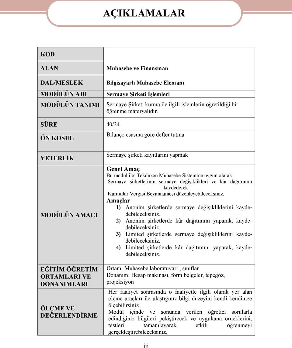 SÜRE 40/24 ÖN KOŞUL Bilanço esasına göre defter tutma YETERLİK MODÜLÜN AMACI EĞİTİM ÖĞRETİM ORTAMLARI VE DONANIMLARI ÖLÇME VE DEĞERLENDİRME Sermaye şirketi kayıtlarını yapmak Genel Amaç Bu modül ile;