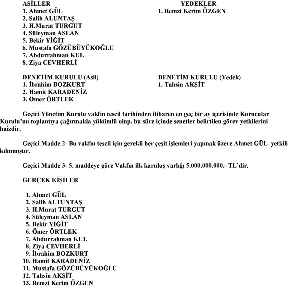 Ömer ÖRTLEK Geçici Yönetim Kurulu vakfın tescil tarihinden itibaren en geç bir ay içerisinde Kurucular Kurulu nu toplantıya çağırmakla yükümlü olup, bu süre içinde senetler belirtilen görev