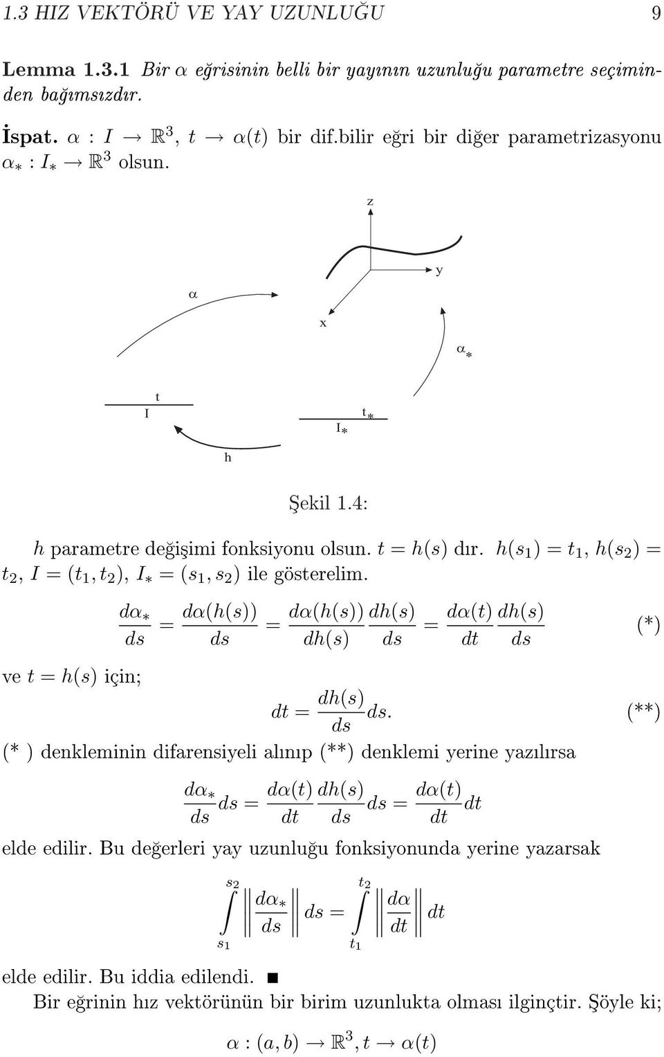 h(s ) = t, h(s ) = t, I = (t, t ), I = (s, s ) ile gösterelim. ve t = h(s) için; dα ds = dα(h(s)) ds = dα(h(s)) dh(s) dh(s) ds = dα(t) dh(s) dt ds dt = dh(s) ds.