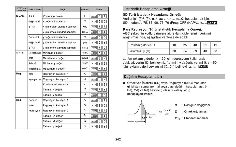 sapması y n STAT y için örnek standart sapması y n-1 minx STAT Maksimum x değeri maxx Sadece 2 Minimum y değeri miny A regresyon dışı Regresyon katsayısı B B Korelasyon katsayısı r r Tahmini x değeri