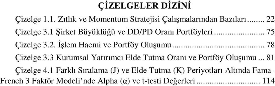 .. 78 Çizelge 3.3 Kurumsal Yatırımcı Elde Tutma Oranı ve Portföy Oluşumu... 81 Çizelge 4.