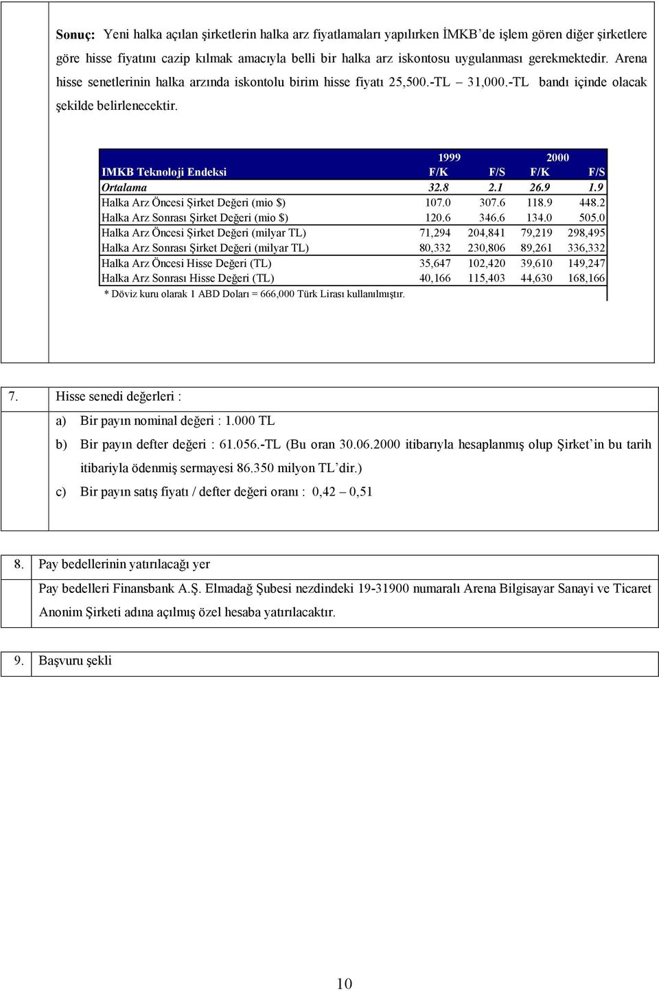 1999 2000 IMKB Teknoloji Endeksi F/K F/S F/K F/S Ortalama 32.8 2.1 26.9 1.9 Halka Arz Öncesi Şirket Değeri (mio $) 107.0 307.6 118.9 448.2 Halka Arz Sonrası Şirket Değeri (mio $) 120.6 346.6 134.