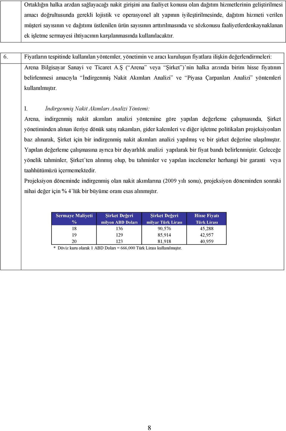 6. Fiyatların tespitinde kullanılan yöntemler, yönetimin ve aracı kuruluşun fiyatlara ilişkin değerlendirmeleri: Arena Bilgisayar Sanayi ve Ticaret A.