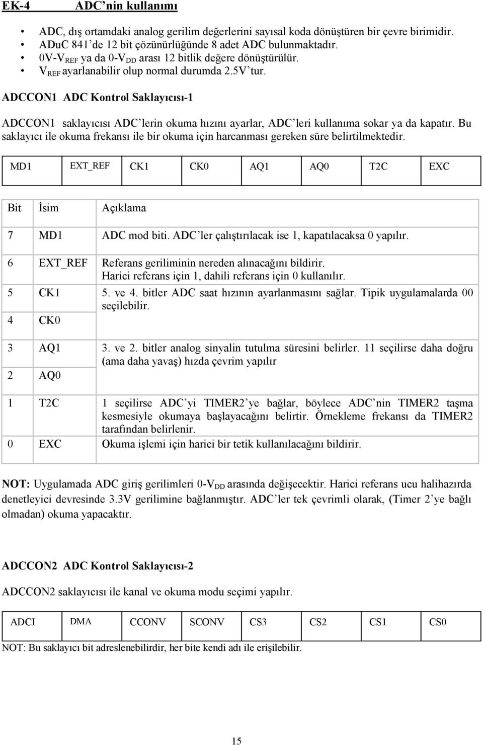 ADCCON1 ADC Kontrol Saklayıcısı-1 ADCCON1 saklayıcısı ADC lerin okuma hızını ayarlar, ADC leri kullanıma sokar ya da kapatır.