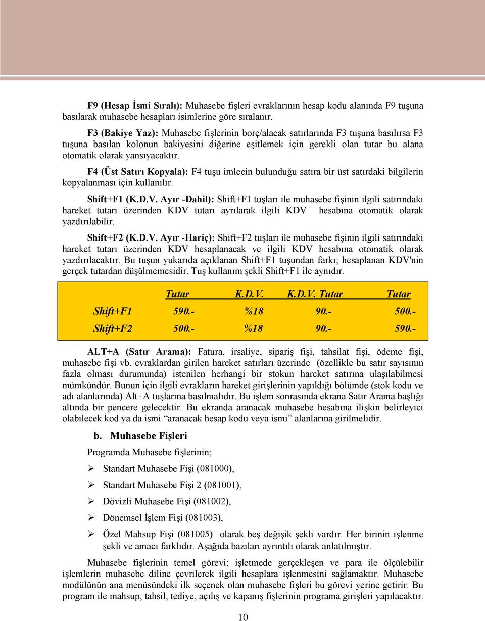 yansıyacaktır. F4 (Üst Satırı Kopyala): F4 tuşu imlecin bulunduğu satıra bir üst satırdaki bilgilerin kopyalanması için kullanılır. Shift+F1 (K.D.V.