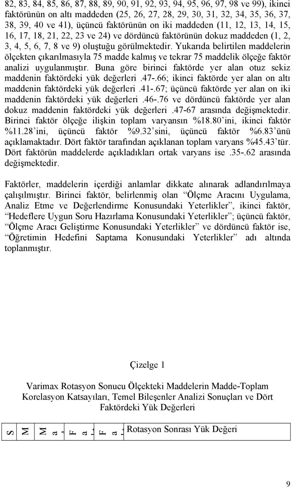 Yukarıda belirtilen maddelerin ölçekten çıkarılmasıyla 75 madde kalmış ve tekrar 75 maddelik ölçeğe faktör analizi uygulanmıştır.