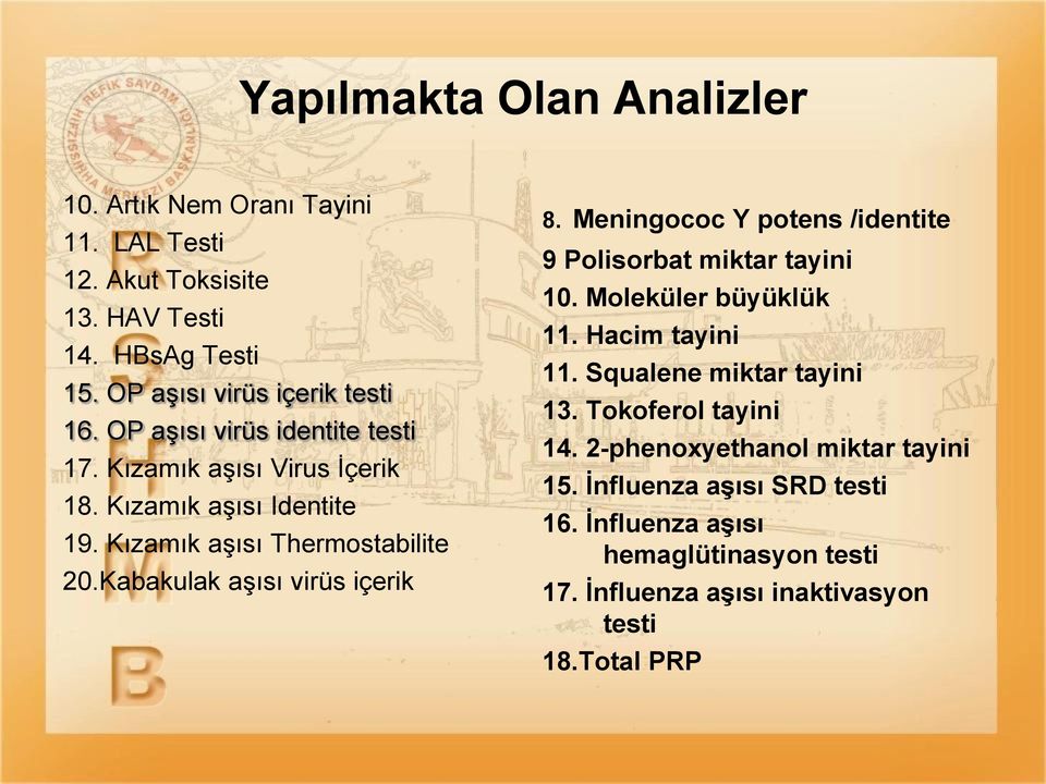 Kabakulak aşısı virüs içerik 8. Meningococ Y potens /identite 9 Polisorbat miktar tayini 10. Moleküler büyüklük 11. Hacim tayini 11.