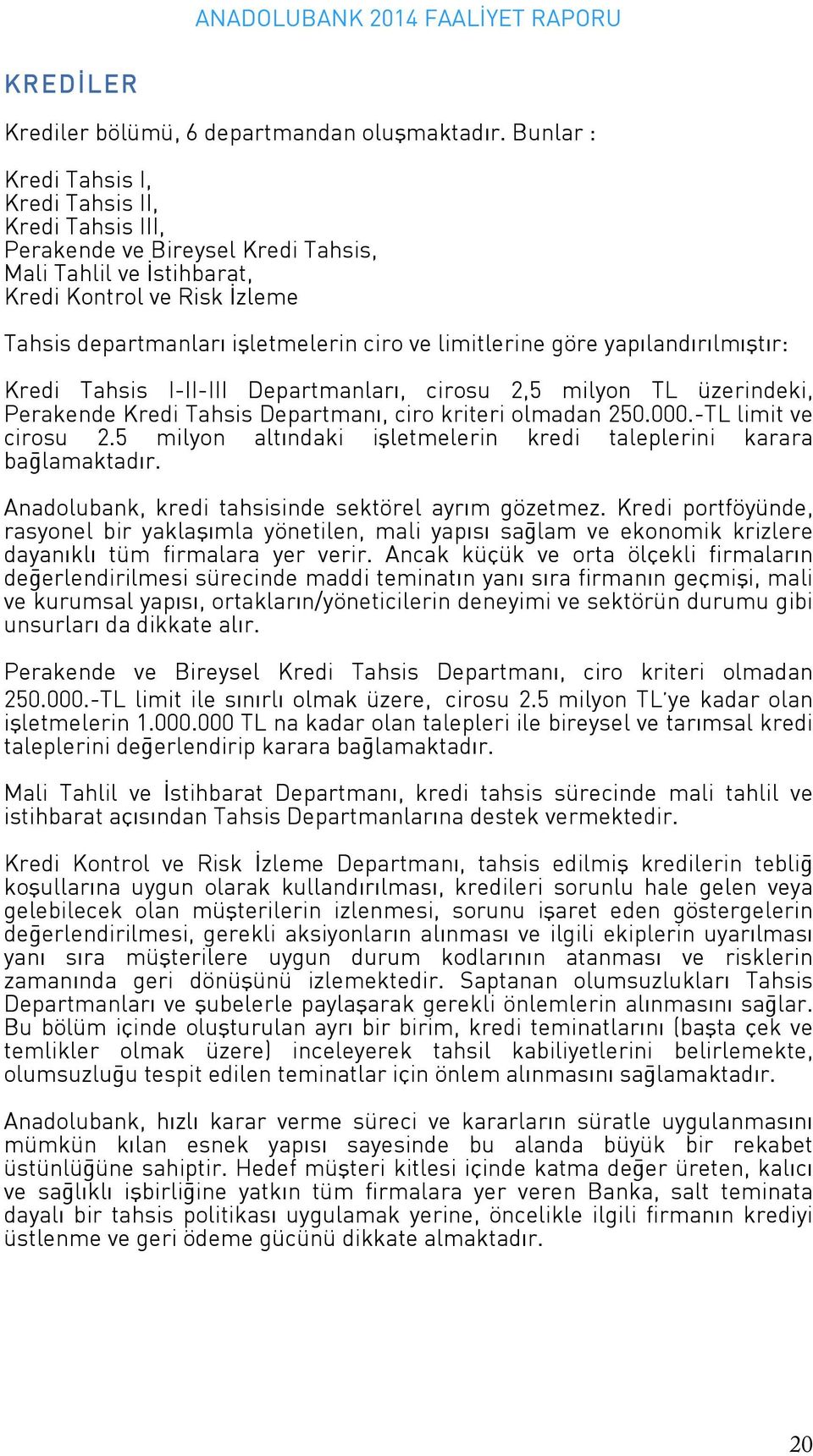 limitlerine gˆre yapılandırılmıştır: Kredi Tahsis I-II-III Departmanları, cirosu 2,5 milyon TL zerindeki, Perakende Kredi Tahsis Departmanı, ciro kriteri olmadan 250.000.-TL limit ve cirosu 2.