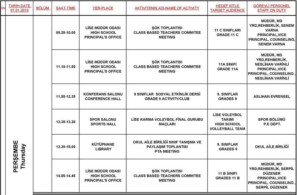 SINIFLAR GRADES 9 ASLIHAN EVRENSEL 12.35-13.20 SPOR SALONU SPORTS HALL LİSE KARMA VOLEYBOL FİNAL GURUBU MAÇLARI LİSE VOLEYBOL TAKIMI VOLLEYBALL TEAM SPOR BÖLÜMÜ P.E DEPT. PERŞEMBE Thursday 12.30-15.