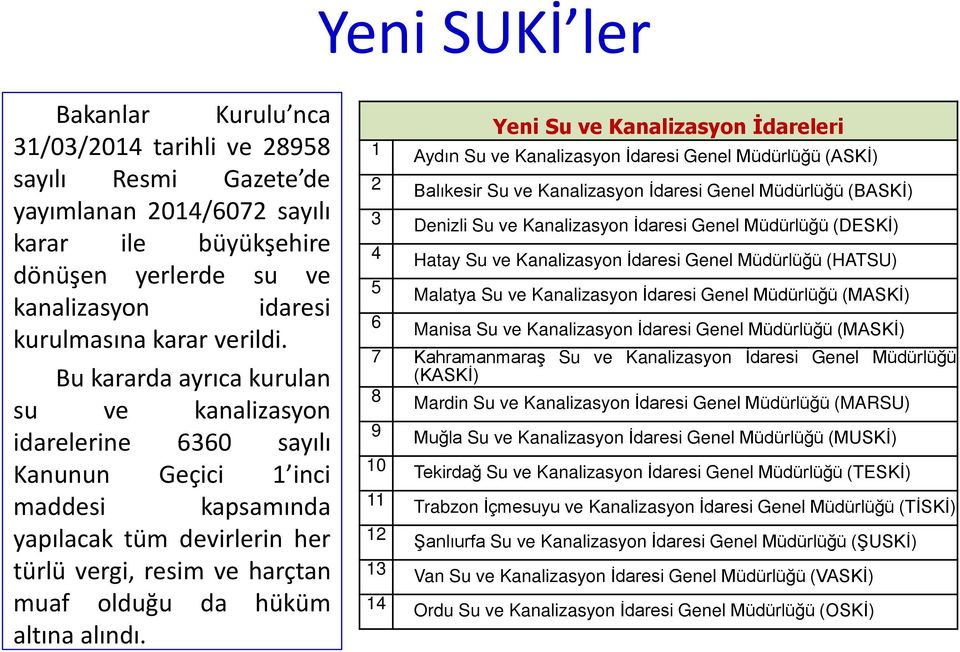 Bu kararda ayrıca kurulan su ve kanalizasyon idarelerine 6360 sayılı Kanunun Geçici 1 inci maddesi kapsamında yapılacak tüm devirlerin her türlü vergi, resim ve harçtan muaf olduğu da hüküm altına