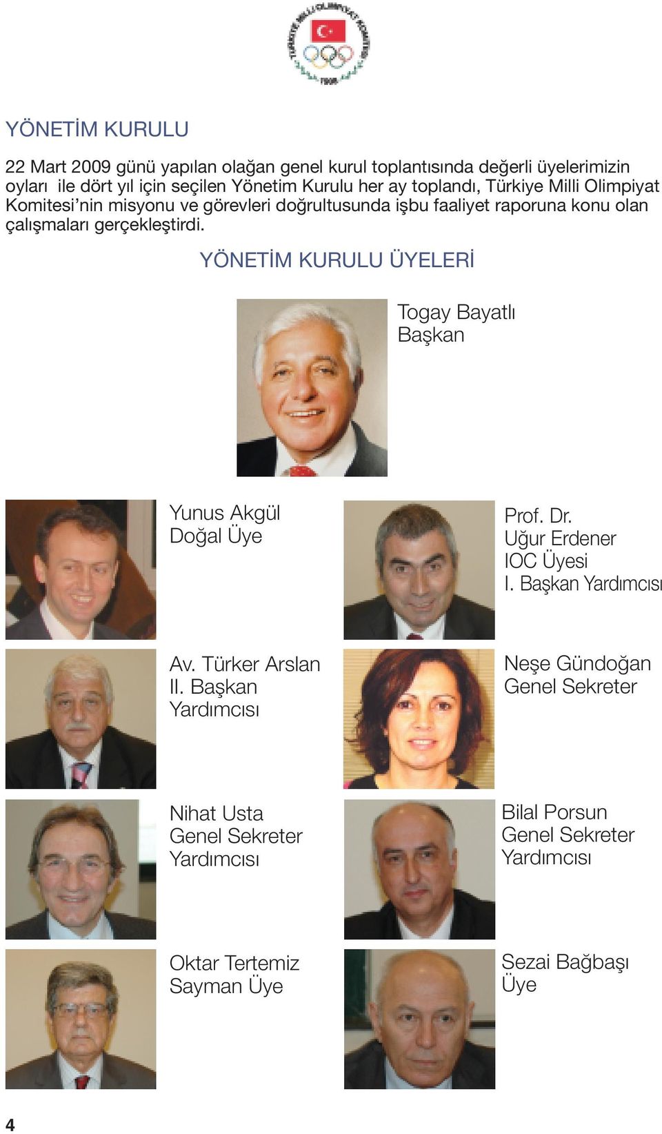 YÖNETİM KURULU ÜYELERİ Togay Bayatlı Başkan Yunus Akgül Doğal Üye Prof. Dr. Uğur Erdener IOC Üyesi I. Başkan Yardımcısı Av. Türker Arslan II.