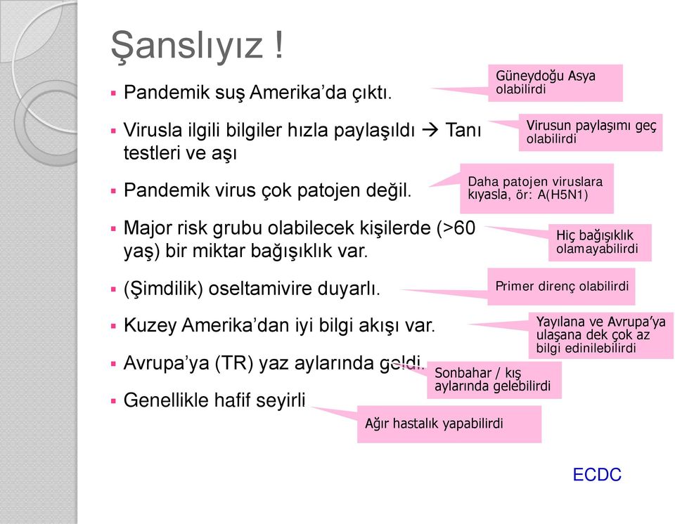 Virusun paylaşımı geç olabilirdi Daha patojen viruslara kıyasla, ör: A(H5N1) Major risk grubu olabilecek kişilerde (>60 yaş) bir miktar bağışıklık var.