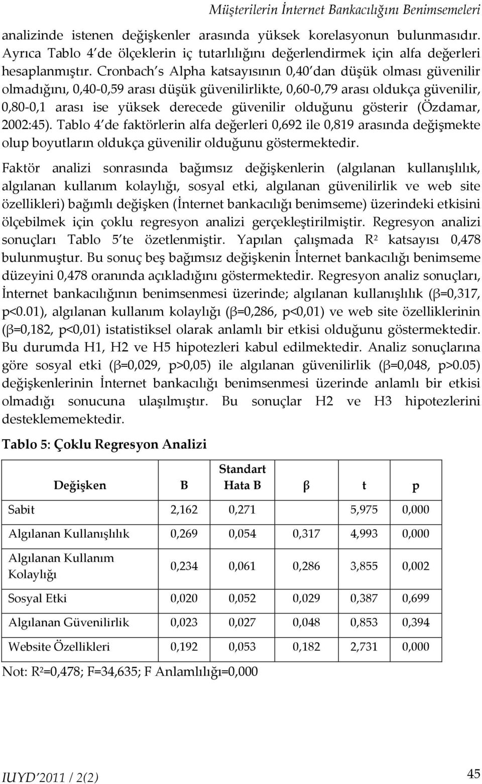 Cronbach s Alpha katsayısının 0,40 dan düşük olması güvenilir olmadığını, 0,40-0,59 arası düşük güvenilirlikte, 0,60-0,79 arası oldukça güvenilir, 0,80-0,1 arası ise yüksek derecede güvenilir