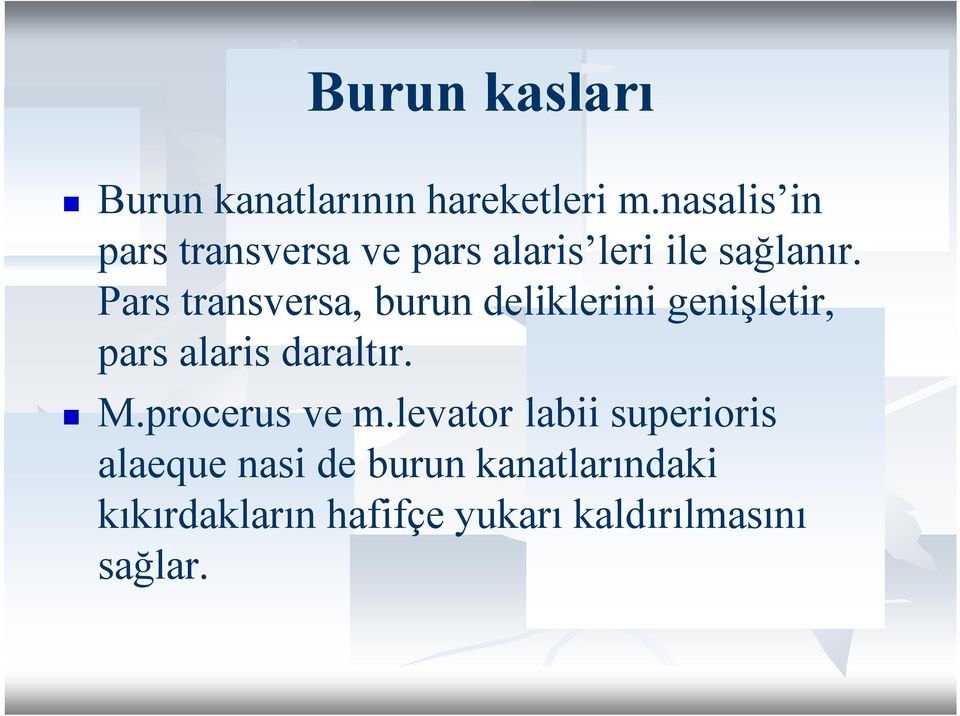 Pars transversa, burun deliklerini genişletir, pars alaris daraltır. M.