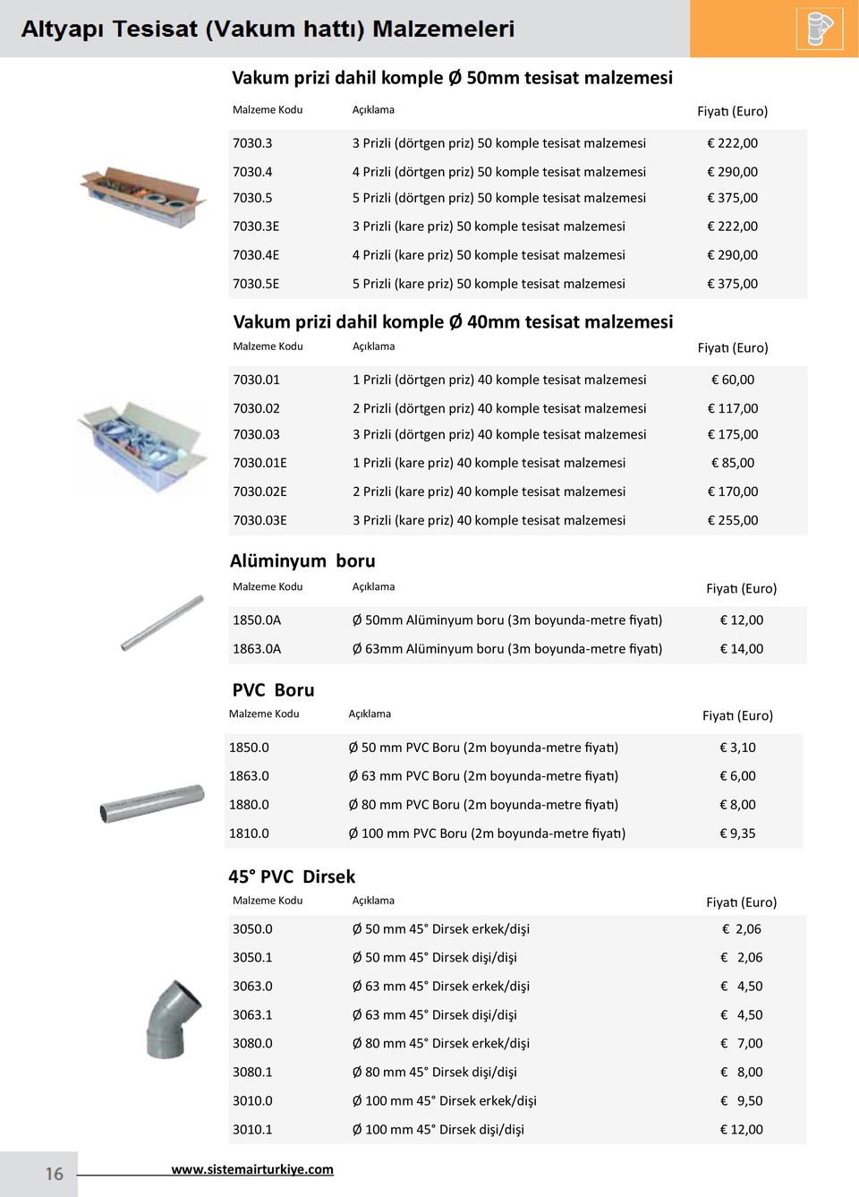 5E 5 Prizli (kare priz) 50 komple tesisat malzemesi 375,00 Vakum prizi dahil komple Ø 40mm tesisat malzemesi 7030.01 1 Prizli (dörtgen priz) 40 komple tesisat malzemesi 60,00 7030.