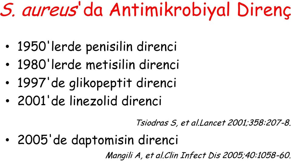 linezolid direnci 2005'de daptomisin direnci Tsiodras S, et al.