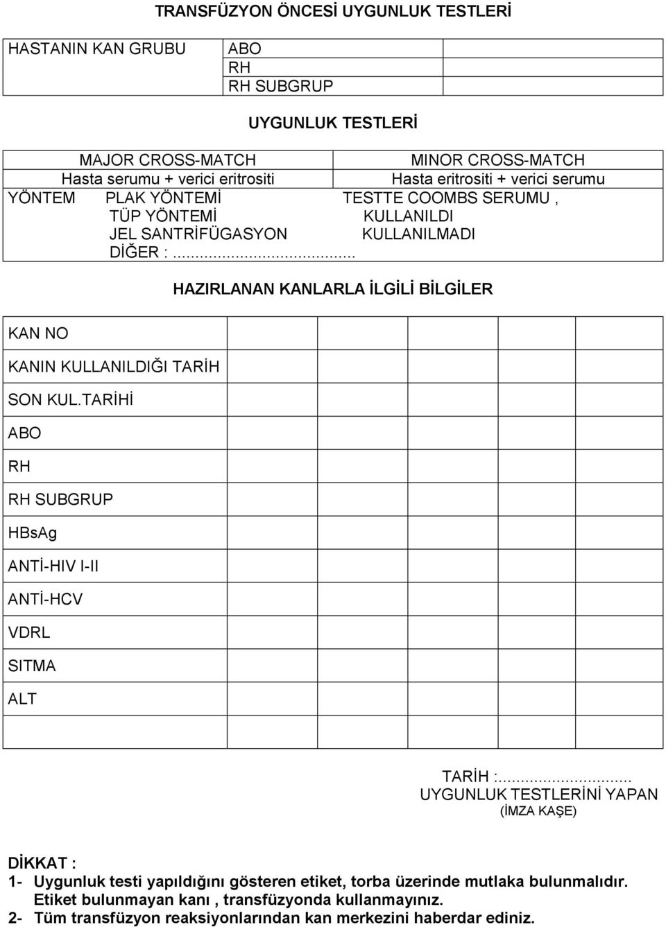 .. HAZIRLANAN KANLARLA İLGİLİ BİLGİLER KAN NO KANIN KULLANILDIĞI TARİH SON KUL.TARİHİ ABO RH RH SUBGRUP HBsAg ANTİ-HIV I-II ANTİ-HCV VDRL SITMA ALT TARİH :.