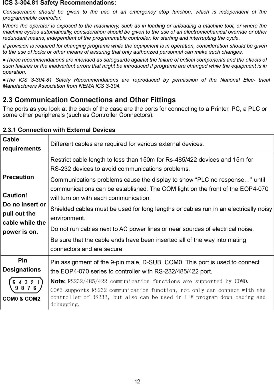 electromechanical override or other redundant means, independent of the programmable controller, for starting and interrupting the cycle.